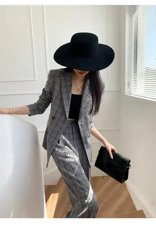 套装女春春新款时尚气质韩版韩版职业装御姐风西服灰色格子西装套装s
