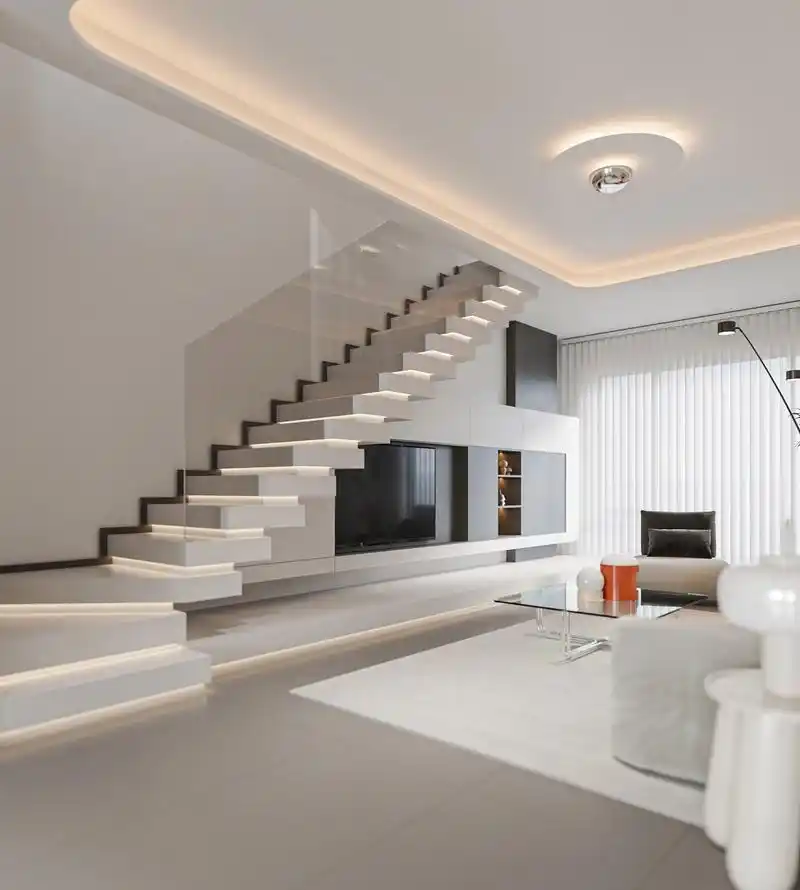 小复式户型现代简约风客厅设计效果,楼梯做成悬浮造型,增加悬浮感和