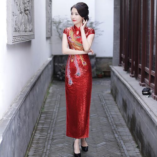 亮片旗袍红色2019新品夏季女中国风妈妈优雅走秀演出服改良版长款