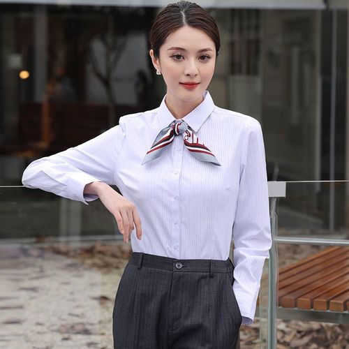 新款中行工作服女粉蓝条纹长袖衬衫中国行服春秋工装制服职业衬衣