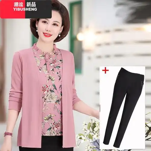 yibusheng中年妈妈春装假两件套针织衫开衫上衣2021新款中老年人女