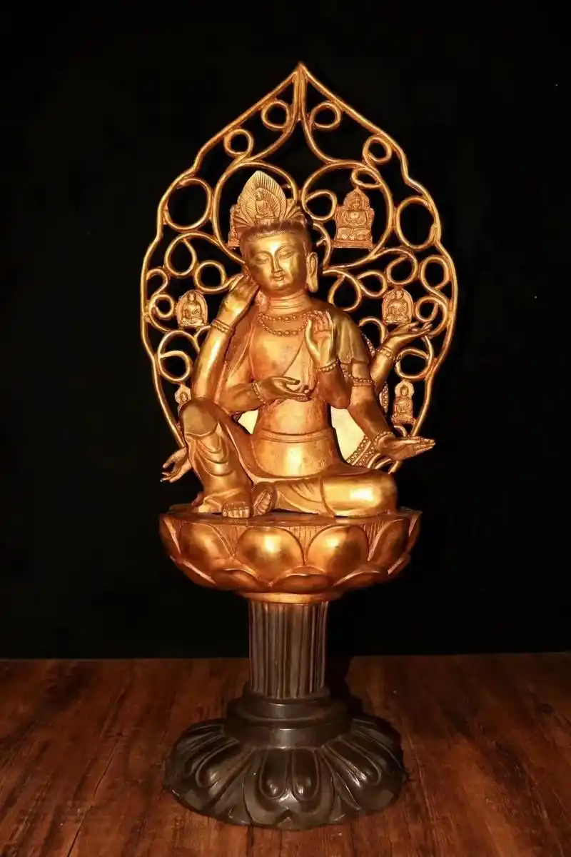 佛案供像——【六臂自在观音菩萨】 珍藏纯铜铸造鎏金佛像摆件 - 抖音