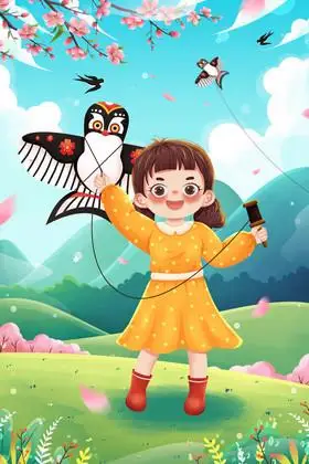 春季踏春放风筝女孩出游郊游插画图片