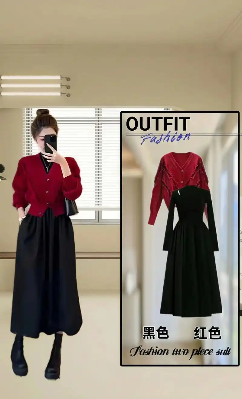 公主们,连衣裙两件套来喽!韩系时尚减龄套装来了,酒红色开衫毛 - 抖音