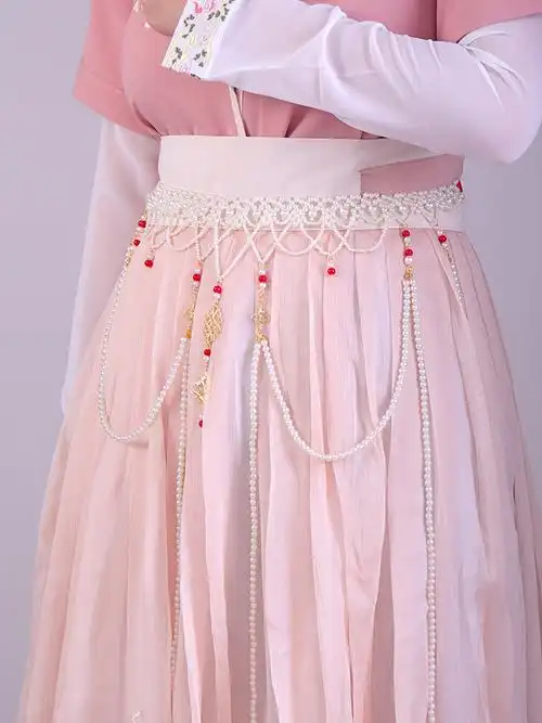 原创汉服腰链长流苏珍珠唐风坦领齐胸腰襦裙配饰国风饰品珍珠腰链