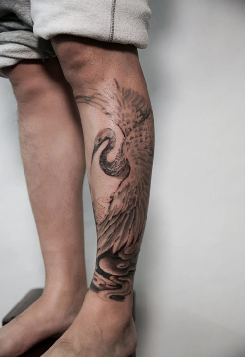 包小腿纹身图案男山水仙鹤国风腿部纹身设计