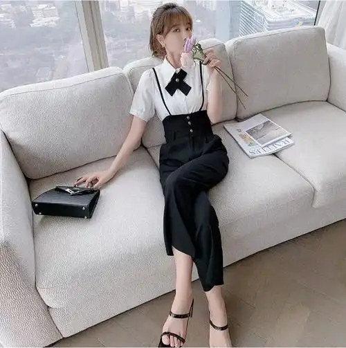 洋气2021雪纺衬衫碎花两件套连体裤背带夏装新款女时尚吊带阔腿裤