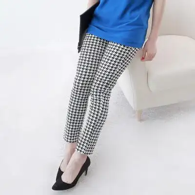 春款女装韩版简洁时尚中腰黑白千鸟格格子紧身小脚裤ae