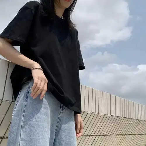 纯黑色t恤女棉质短袖半袖学生ins潮宽松韩版百搭上衣纯色大码夏季