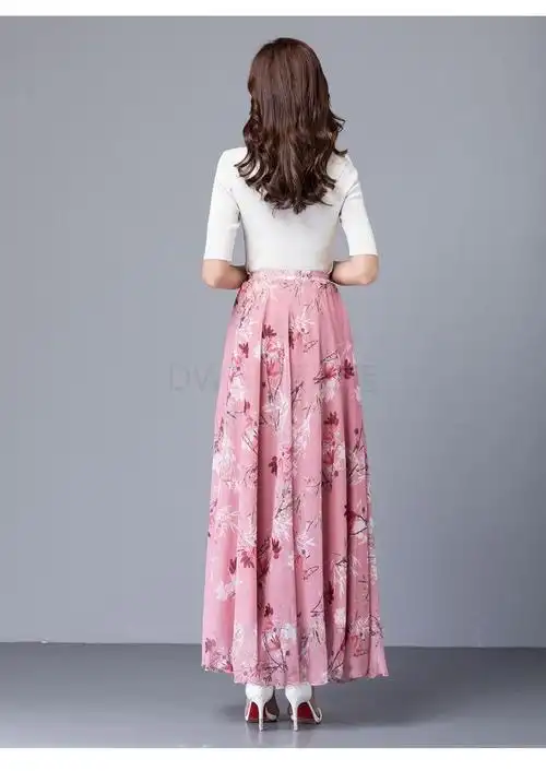 dwgc夏季加肥加大码雪纺胖妹妹女士半身裙花色半身长裙女大摆裙长款及