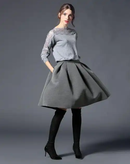 灰色经典淑女腰捏折太空棉全衬半裙