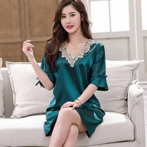 时尚睡裙女夏季冰丝家居服连衣裙薄款短袖大码丝绸睡衣女夏天睡裙888