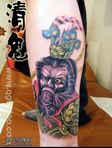 腿部彩色齐天大圣孙悟空纹身图案