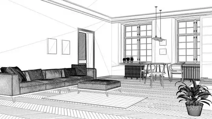 室内设计项目黑白墨素描建筑蓝图,展示现代客厅与餐桌