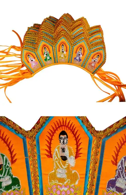 佛教用品 僧人服饰唐僧帽法师帽毗卢帽五佛冠绣片五方佛刺绣佛帽 黄色