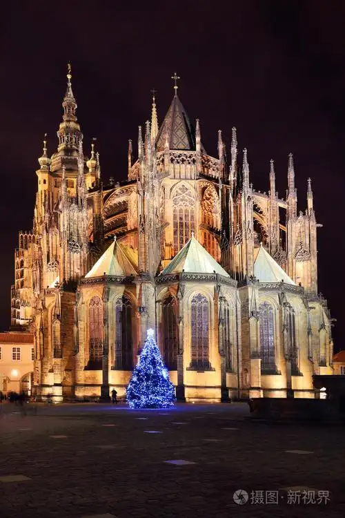 在晚上与圣诞树,捷克的布拉格城堡的哥特式圣维特大教堂