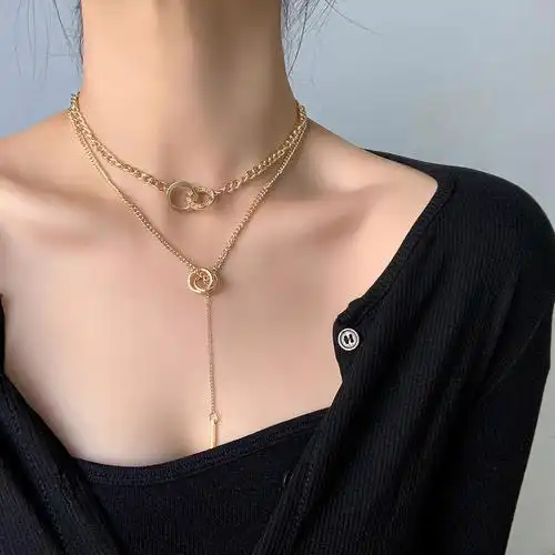 金色精致项链女双双层流苏锁骨2020年新款毛衣项链