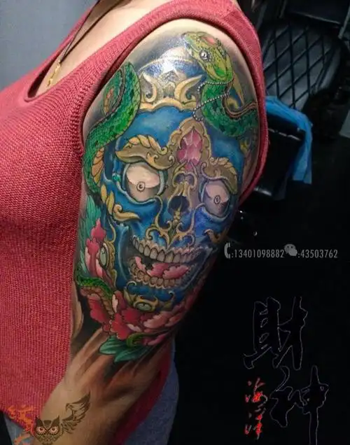 嘎巴拉大臂纹身纹身图片成品传统原创鬼神人物宗教植物手臂肩部纹身