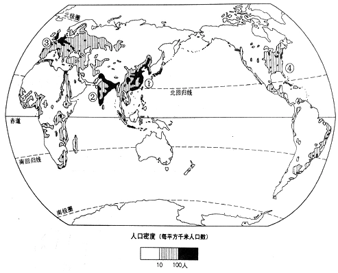 下图中的a,b,c三块阴影区表示了地球人口分布的三块密集区,据此请回答