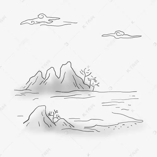 山水线描简笔山泉