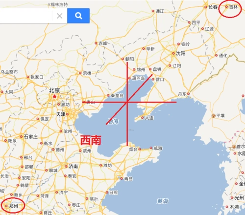 河南省郑州市在吉林的哪个方向,是南边吗?