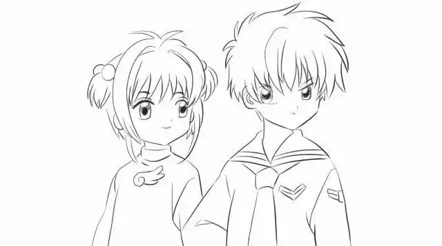 儿童绘画动画片《魔卡少女樱》中的小狼与小樱卡通动漫简笔画教程