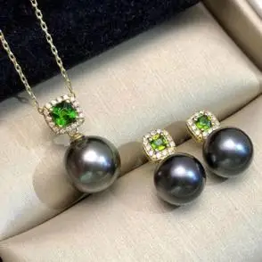 10mm正圆正品强光女礼物大溪地海水黑珍珠耳钉耳环吊坠项链套装