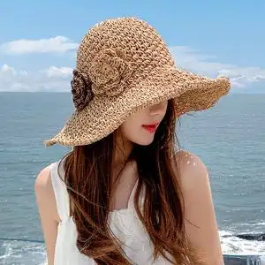 草帽女夏季沙滩帽子花朵可折叠防晒大檐海边时尚度假太阳帽遮阳帽