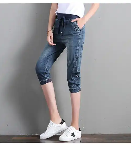 韩版薄款七分牛仔裤女夏季新款宽松马裤显瘦哈伦裤大码胖mm小脚裤