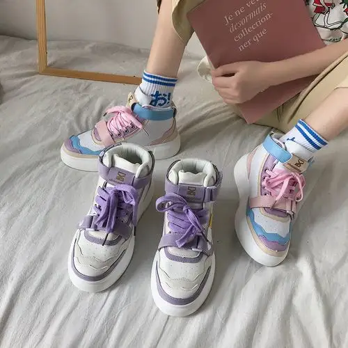 原宿少女可爱风运动鞋ins街拍厚底跑步鞋韩版休闲学生魔术贴女鞋 彩虹