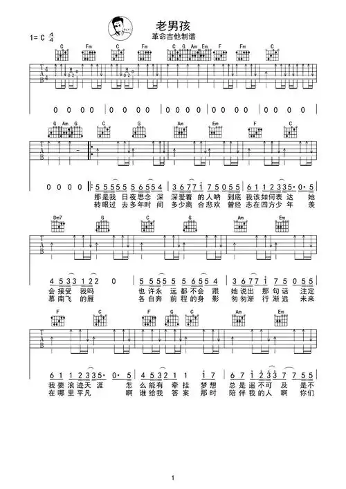 老男孩吉他谱 - 筷子兄弟 - c调吉他弹唱谱 - 原版第1张