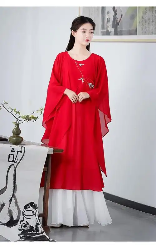 服女中国风复古文艺汉服蝙蝠衫禅舞服古琴禅茶服中式民族连衣裙 红色