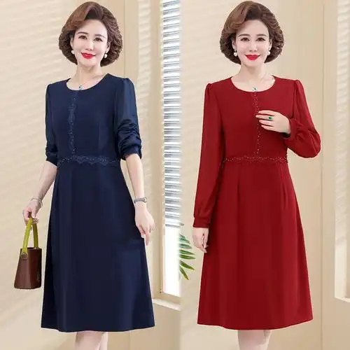 妈妈春秋连衣裙中老年洋气中长裙显瘦名媛外穿40-50岁a字裙子