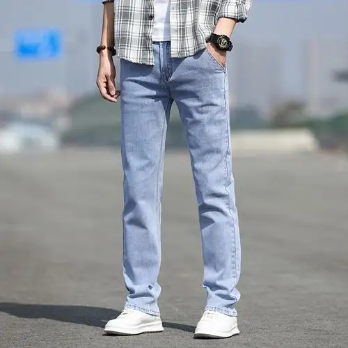 浅蓝色宽松直筒牛仔裤男大码夏季高端男士休闲裤简约春夏天薄款装