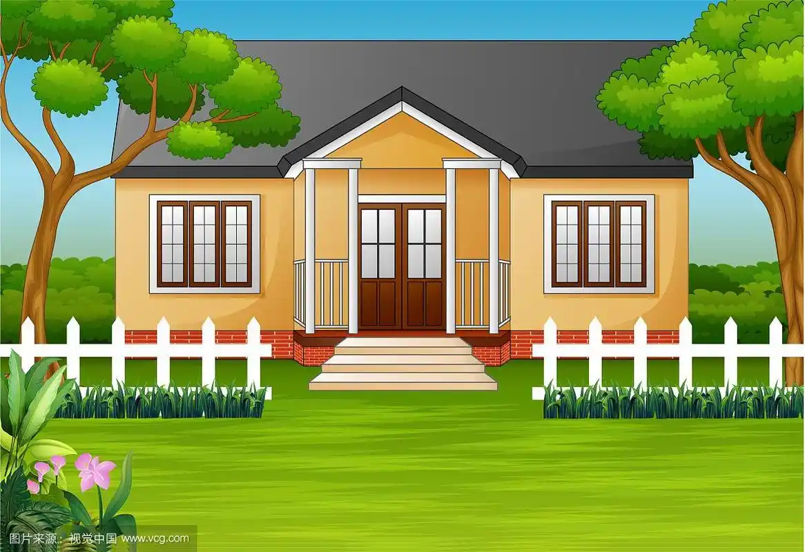 有绿色院子和木栅栏的卡通房子