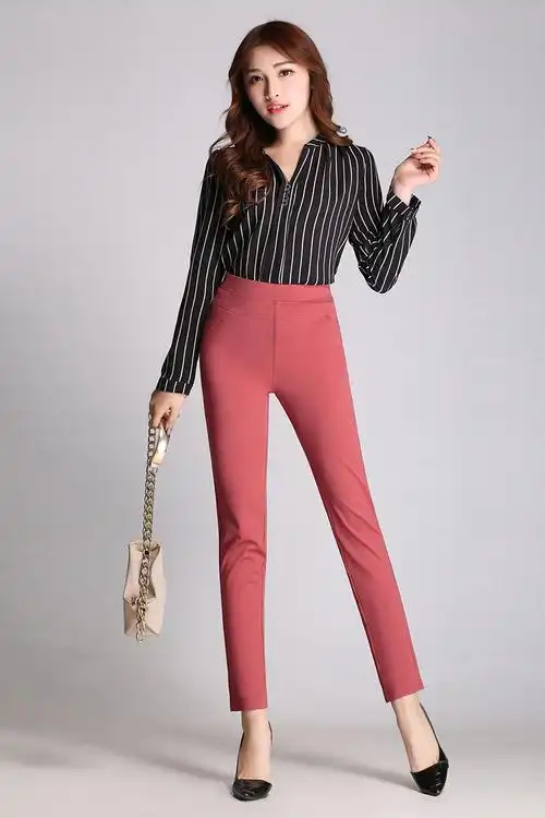 斯单奴2019春夏新款高腰弹力铅笔裤休闲彩色女裤修身显瘦九分裤