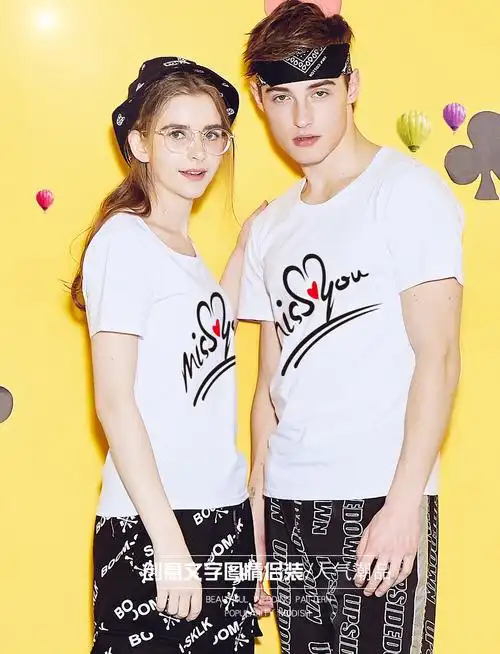 喵咪噜噜情侣装夏装短袖t恤棉可爱创意文字图案家庭套头衫情侣装