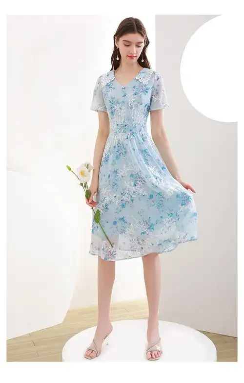 未风蓝色雪纺绣花连衣裙女夏2021年夏季新款高端气质优雅裙子 蓝色 s