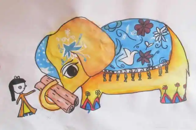 泰国大象运木头儿童画