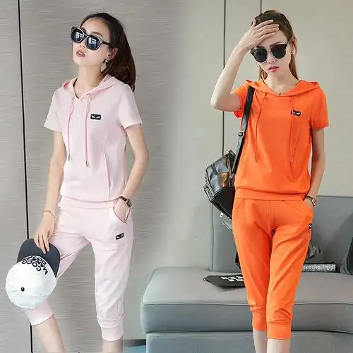 2运动套装女士017夏装新款运动服跑步大码短袖七分裤时尚休闲服连帽
