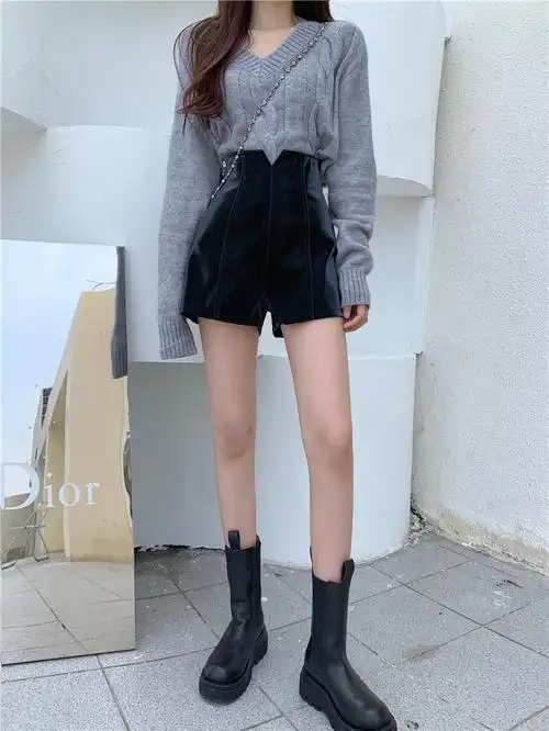 休闲短裤女秋冬季外穿新款高腰显瘦时尚拉链宽松阔腿裤百搭小皮裤