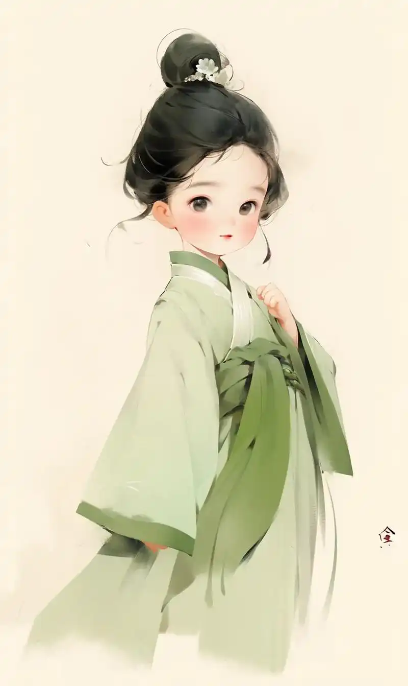 ai工笔画/国风汉服可爱小女孩壁纸.国风绘画,穿绿色汉服的可 - 抖音