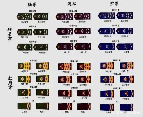 士官军衔中从高往低可分为一至四级军士长以及上,中,下士七种军衔
