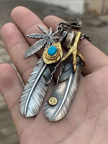 手工高桥吾郎925银吊坠羽毛项链男女高桥精工套装摇滚配饰项链潮