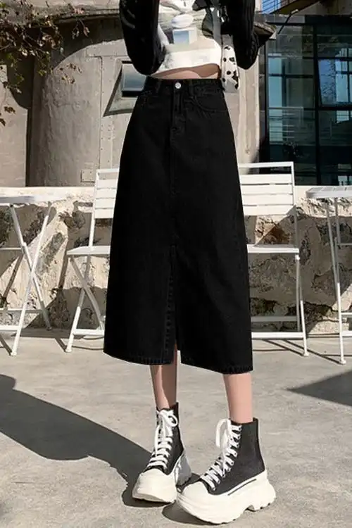 牛仔半身裙黑色a字开叉中长款高腰显瘦百搭宽松学生遮肉大码长裙 - 17
