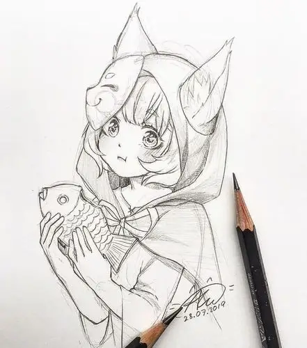 一组女孩铅笔线稿手绘系列作品