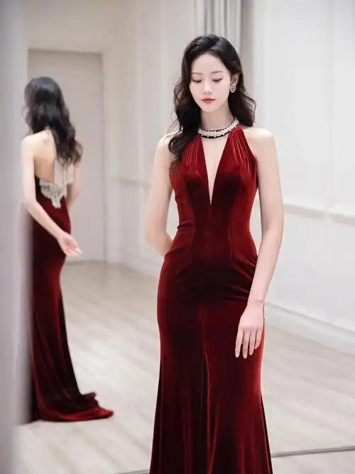 流苏美背款酒红丝绒礼服敬酒服