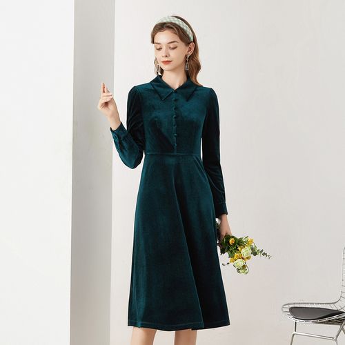 复古宫廷风优雅翻领丝绒连衣裙女春秋高级感端庄气质大摆裙