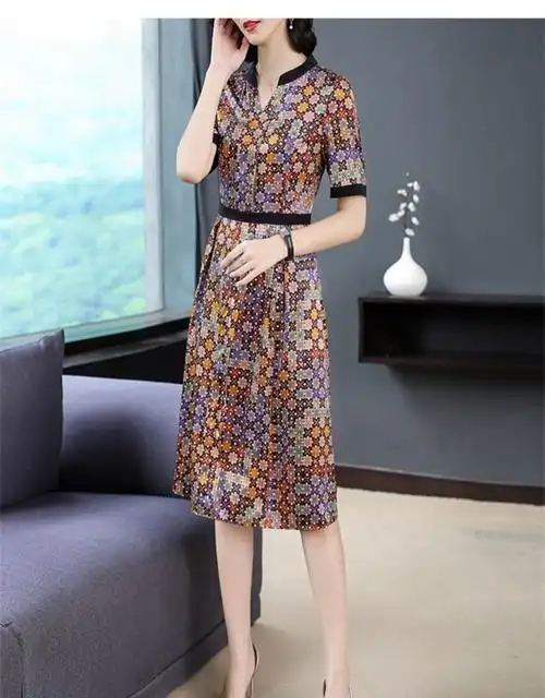 高端轻奢重磅真丝连衣裙夏季新款中长款时尚修身印花桑蚕丝裙子 桔