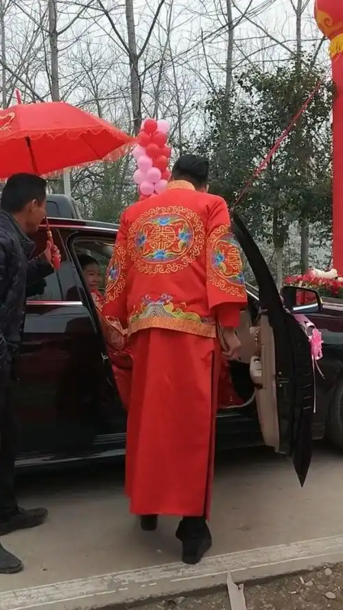 新郎抱着新娘下车,多么幸福的一对新人,祝福他们!